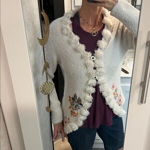 Boho embroidered hippie Cream Floral-Embroidered alpaca blend Cardigan Pom fluff